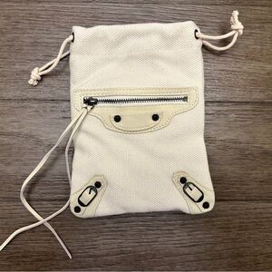 Balenciaga Canvas Drawstring Pouch with Leather Trim & Front Zipper Pocket